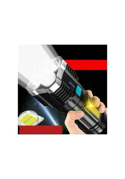 Ultra Parlak El Feneri Usb Şarj 4 Led+yan Cob Led Taktik Günlük Hayat Kamp Avcılık El Feneri Siyah
