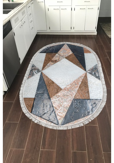 Alanur Home Kaymaz Dijital Mutfak & Salon Halı Star Pamuk Saçaklı Oval Geometrik E5028 Renkli