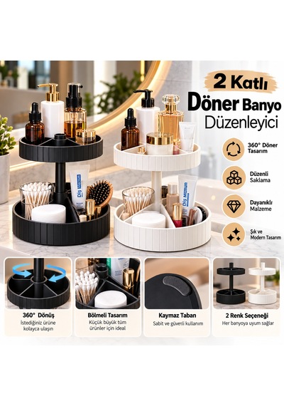 2 Katlı Döner Banyo Düzenleyici Beyaz - Siyah