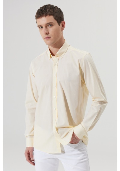 Erkek Sarı Slim Fit Dar Kesim %100 Pamuk Düğmeli Yaka Desenli Gömlek Sarı