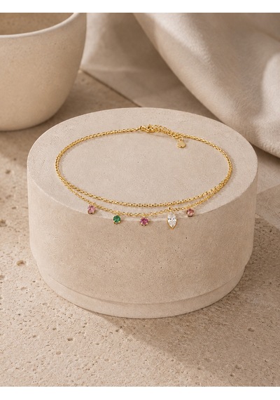 Valmont Accessories Kadın Gold Renk Renkli Taş Ve Yaprak Detaylı Çift Zincir Halhal