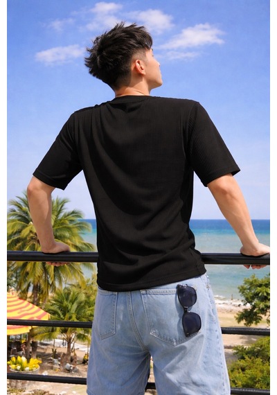 Tarz Cool Erkek Jakarlı Oversize Tişört Bisiklet Yaka Rahat Kalıp Yazlık Basic T-shirt Siyah
