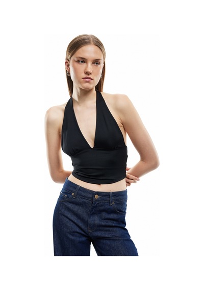 Koton Slim Fit Sırt Dekolteli Crop Halter Yaka Büstiyer Siyah 5sak10695ek Siyah