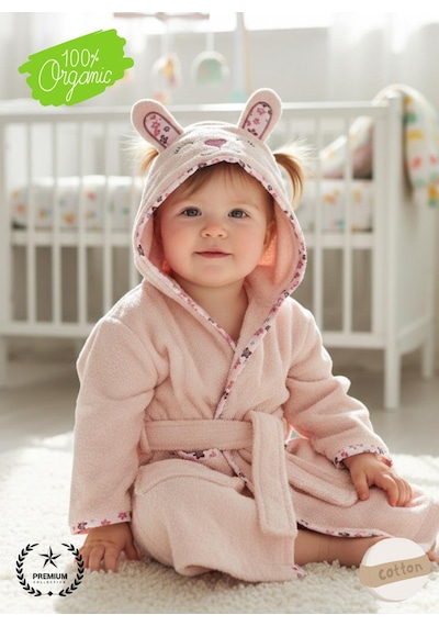Bebek Bornoz Kapişonlu & Bebek Havlu Set %100 Organic Pamuk Yumuşacık Nakış Desenli 2 - 4 Yaş
