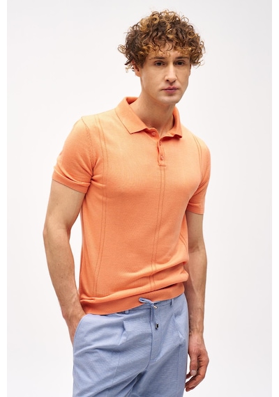 Mercan Slim Fit Dar Kalıp Polo Yaka Düz Kısa Kollu Triko Tişört-16325 Turuncu