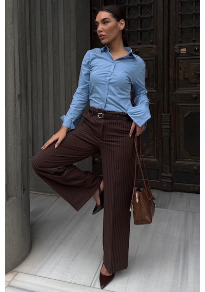 Madmext Kahverengi Çizgili Geniş Paça Normal Bel Kemerli Pantolon Mg2735 Kahverengi