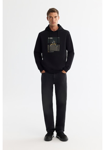 Avva Erkek Siyah Kapüşonlu Pamuklu Baskılı Elastan Regular Fit Sweatshirt A42y1321