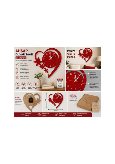 Kalp Detaylı Kırmızı Renk Sessiz Mekanizma 26x30 Cm Duvar Dekoru Modern Saat Odanıza Modern Hava Katar