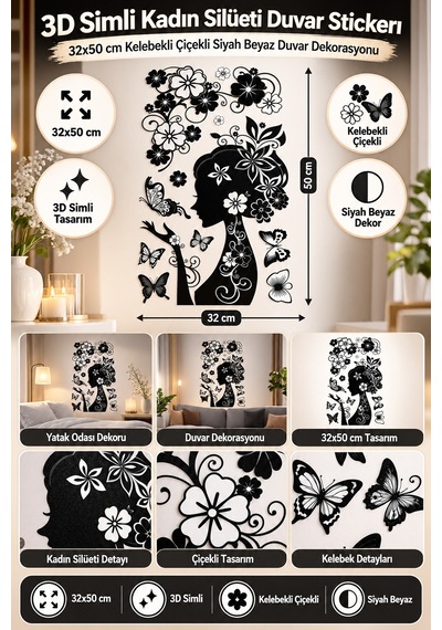 3d Simli Kadın Silüeti Duvar Stickerı 32x50 Cm Kelebekli Çiçekli Siyah Beyaz Duvar Dekorasyonu Renkli