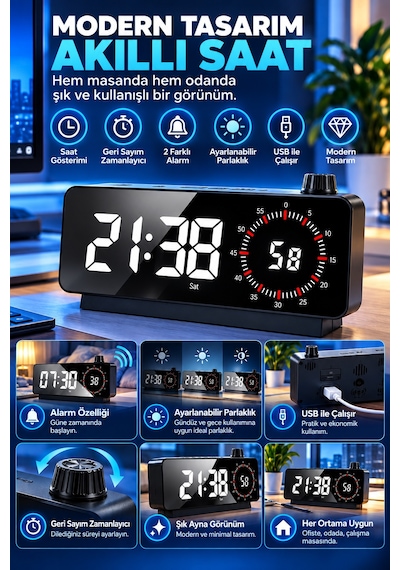Hymark Görsel Zamanlayıcı Led Şarj Edilebilir Dijital Çalar Saat Siyah