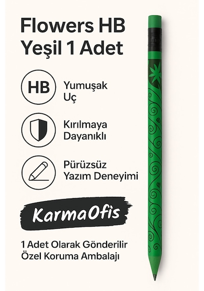Flowers Hb Pembe Kurşun Kalem 1 Adet Çiçek Desenli Hb Uç Yeşil