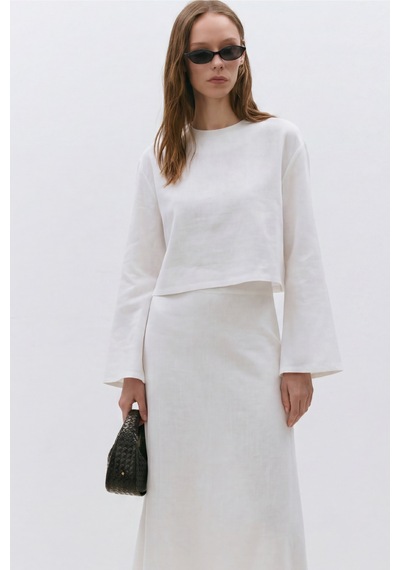 Suud Collection Ekru Mussel Crop Keten Bluz BEYAZ