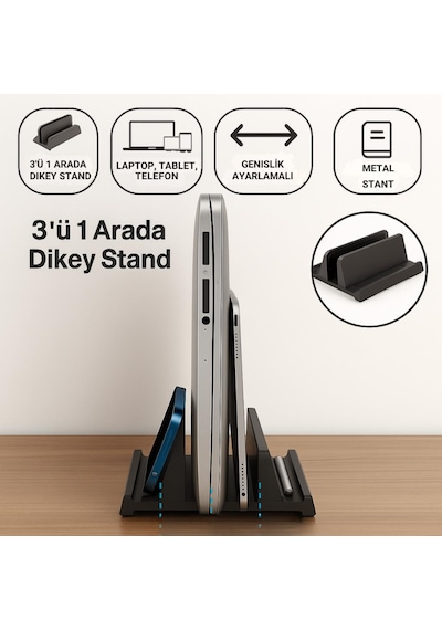 Coofbe 3 Bölmeli Metal Genişlik Ayarlamalı Masaüstü Dikey Apple Uyumlu MacBook Laptop Notebook Standı Telefon Tablet Standı Siyah