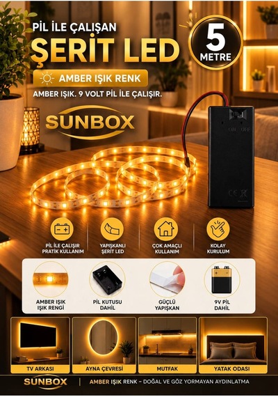 Pilli Led Amber Yapışkanlı 5 Metre Butonlu Pil Dahildir Amber Amber