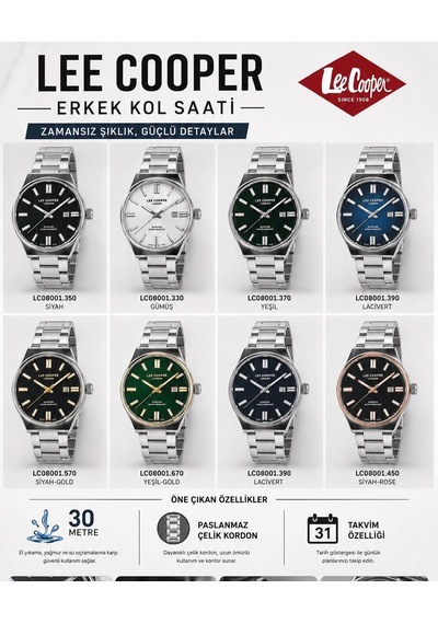 Lee Cooper Erkek Kol Saati 50 Mt Suya Dayanıklı Çelik Kordon Bileklik Hediyeli Vs.blkt.1035 Gri