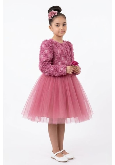 Mnk Baby & Kids Luvia Uzun Kol Kız Tütü Abiye Elbise M00810 Gülkurusu