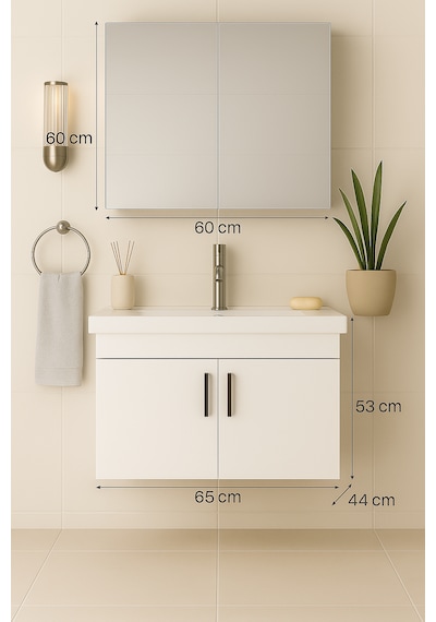 Luna 65 Cm Ahşap Camlı Üst Modül Ve Seramik Lavabolu, Mdf Banyo Dolabı Takımı Beyaz