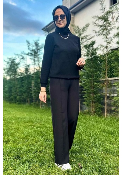 Rabia Şamlı Siyah Nervürlü Bol Paça Pantolon Normal