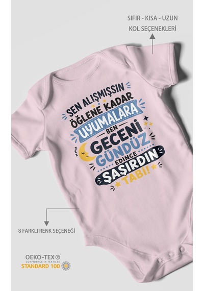 Morivokids Sen Alışmışsın Öğlene Yazılı Kısa Kollu Bebek Body %100 Pamuk Bebe Pembe