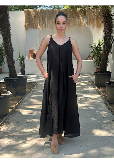 Yazlık Keten Askılı Oversize Elbise Siyah