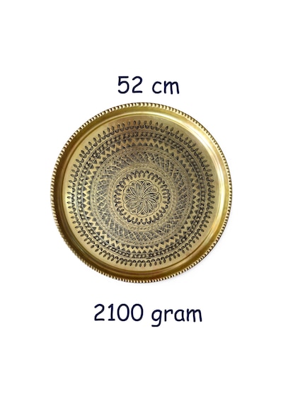 52 Cm El İşlemeli Otantik Desenli Kalın Urfa Pirinç Tepsi - Pirinç-tps452 Antik Bakır