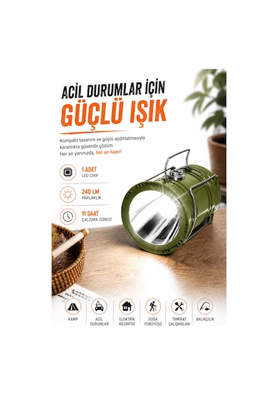 4 Adet Şarjlı Solarlı Kamp Lambası El Feneri Powerbank Özellikli Taşıma Kulplu Haki 5800t Yeşil