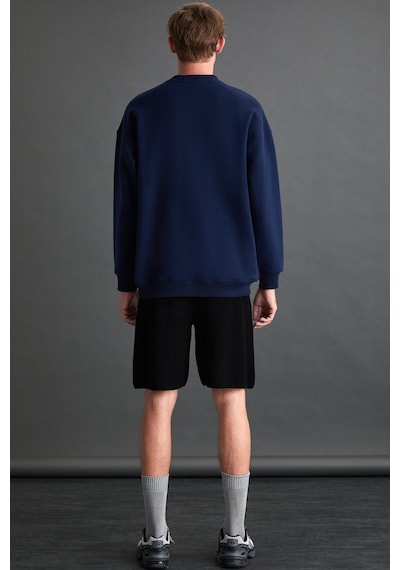 Grimelange Ernest Erkek Yumuşacık Içi Polarlı Baskı Detaylı Organik Pamuk Oversize Lacivert Sweatshirt