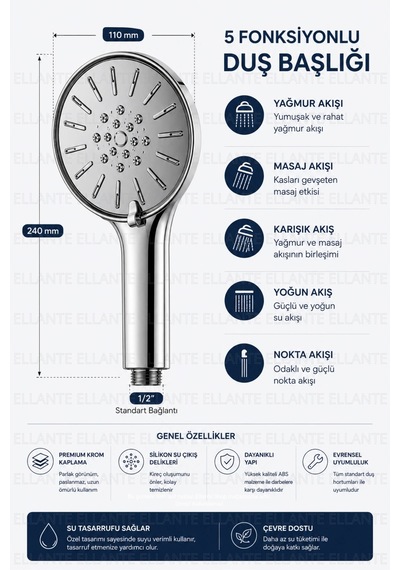 Premium 5 Kademeli Duş Başlığı Yüksek Basınçlı Tasarruflu El Duşu Krom Kaplama Paslanmaz Gövde Stand Çok Renkli