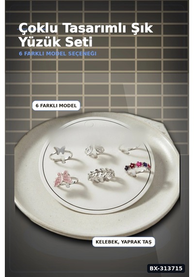 Pirinç 6'li Kelebek Detayli Yuzuk Seti - 7-8 Numara Arasi Gumus Renk Bayan Aksesuari Bx-313715 Çok Renkli