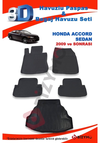 Honda Accord Sedan 2009 ve Sonrası Paspas ve Bagaj Havuzu Seti Siyah