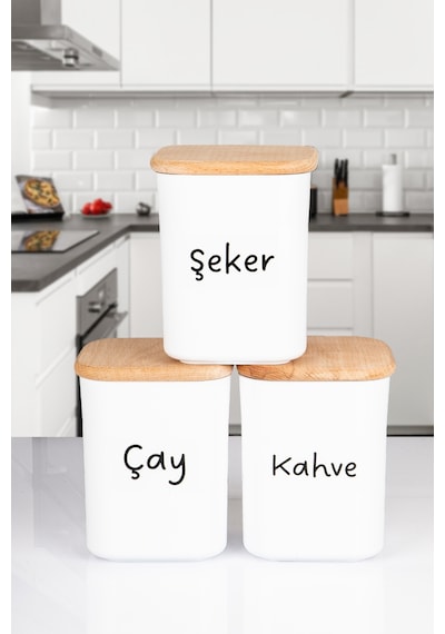 3'lü Ahşap Vakumlu Kapaklı Kare Akrilik Çay Şeker Kahve Erzak Saklama Kabı 900 Ml Şeffaf