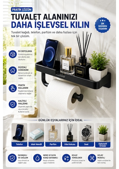 Siyah Yapışkanlı Raflı Tuvalet Kağıdı Askılığı Delmeden Montaj Banyo Organizer Telefon Rafı Askısı