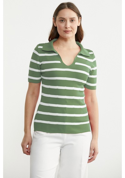 Polo Yaka Çizgili Triko Tişört - Mint