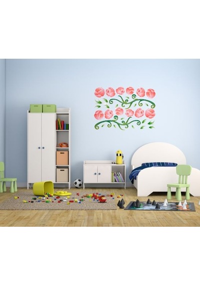 Duvar Süsü Sticker 2 Adet Pembe Güllü Şeffaf Filmli Pvc 70x50x0