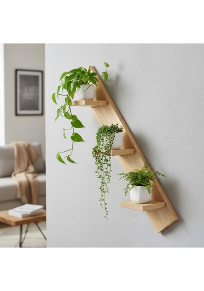 Matkap Gerektirmeyen Modern Duvar Rafı - 3 Katlı Ahşap Saksı Standı 60x10 Cm Bej