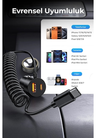 Ven-dens Vd-cc025 60 W Hızlı Araç Şarj Cihazı, Type-c Ve Usb Çift Port, Dahili Kablolu, Siyah
