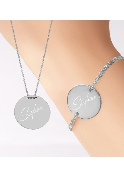 Bitmeyenkartus Kişiye Özel Isimli Yuvarlak Silver Kolye Ve Bileklik Set Gümüş