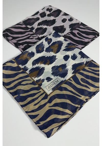 Sinem İndia Leopar Desen 2'li Eşarp -6294 Mor-lacivert