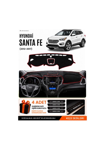 Hyundai Santa Fe 2012-2017 Uyumlu Torpido Örtüsü, Torpido Kılıfı - Siyah Kırmızı