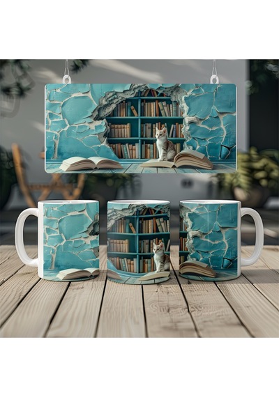 3d Retro Kitaplık Ve Kedi Kupa 3 Boyutlu Hayvan Ve Kitap Detaylı Kahve Bardak - Kabartmasız Beyaz