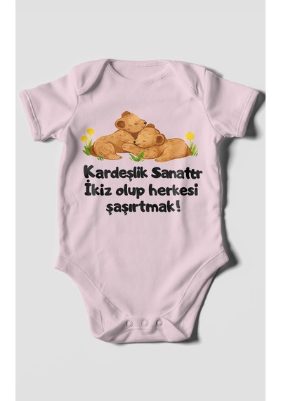 Morivokids Kardeşlik Sanattır, İkiz Yazılı Kısa Kollu Bebek Body %100 Pamuk Bebe Pembe