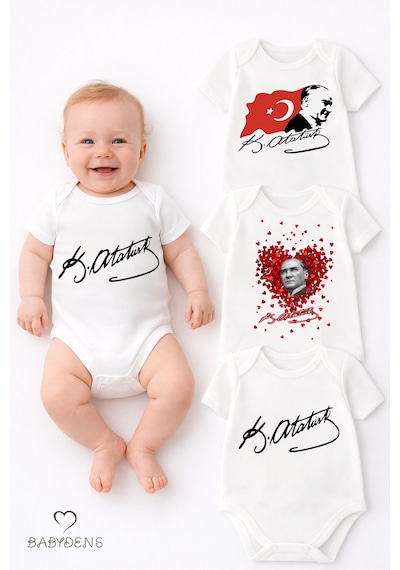 Babyden's Atatürk İmzalı 3 Lü Bebek Body Seti %100 Pamuk, Kısa Kollu,unisex Bebek Zıbın Beyaz