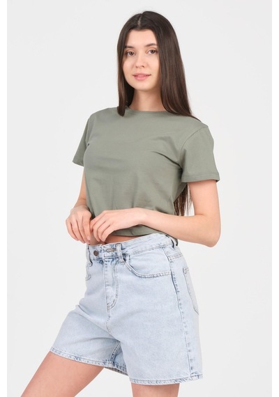 As Collection Yeşil Bisiklet Yaka Kısa Kol Örme Kadın Crop 001