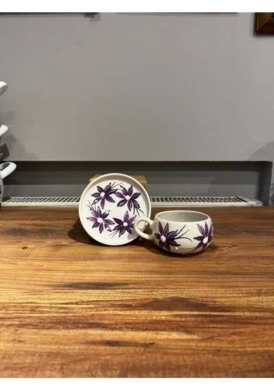 Mor Çiçek Seramik Kupa, Mug, Double Türk Kahvesi Filtre Kahve