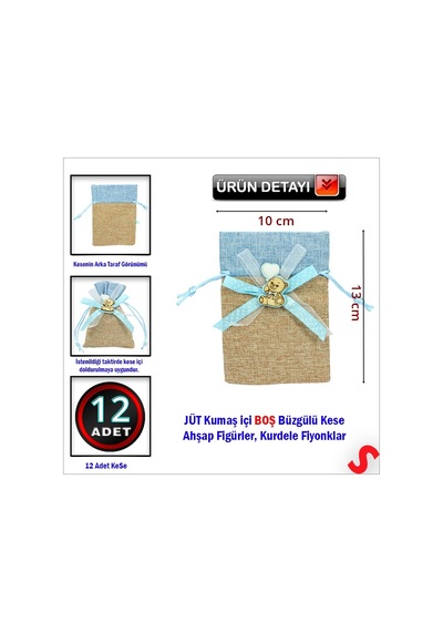 Bebek Temalı Jüt Kese 10cm X 13cm - Mavi X 12 Adet Çok Renkli