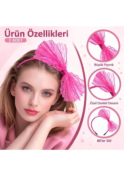 80 Ler 90 Lar Neon Pembe Dantel Taç Fiyonklu