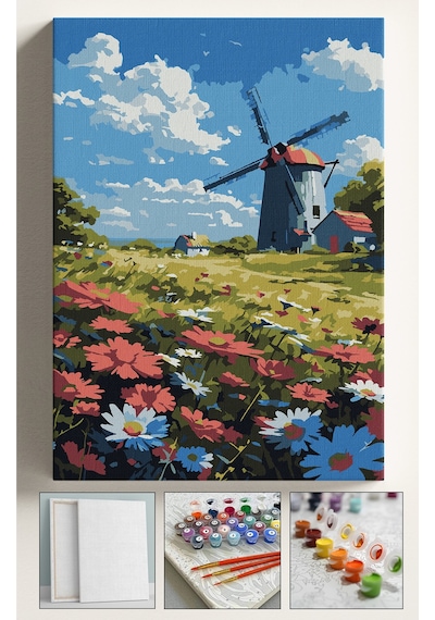 Sayılarla Boyama Çerçeveli Hobi Seti Numaralı Tuval Fırça Boya Dahil Kasnaklı Değirmen 40x50 Cm