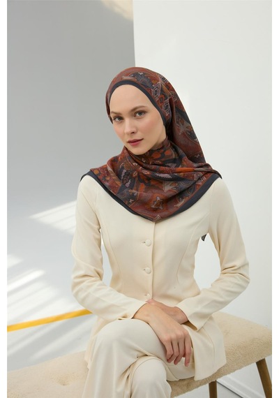 Silk Home Viskon Velora Eşarp Antrasit-taba Desenli Kaymaz Tok Duruşlu 90x90 Çok Renkli