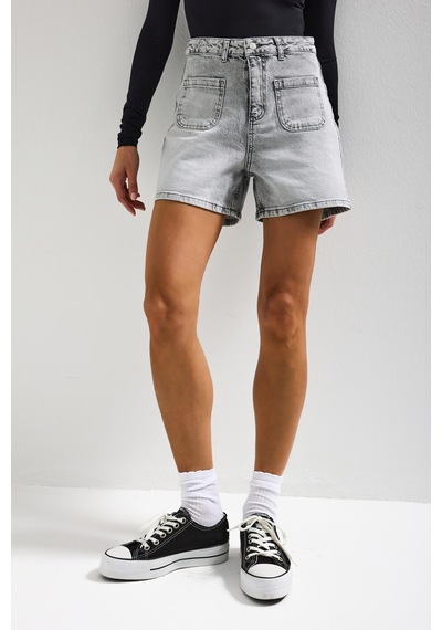 Itsbasic Kadın Gri Kot 4s6-12 Mom Fit Önden Cepli Denim Şort