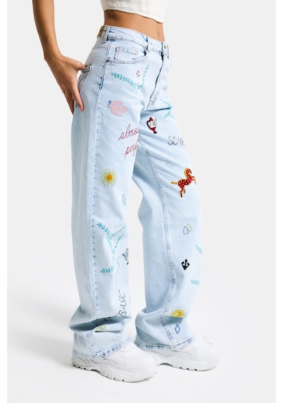 Itsbasic Kadın Ice 3s6-100 Straight Fit Özel Figür Nakışlı Tasarım Denim Jean Buz Mavi